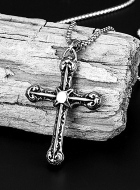 高街酷帅项链男款复古造旧大号双面十字架吊坠嘻哈项链潮人毛衣链