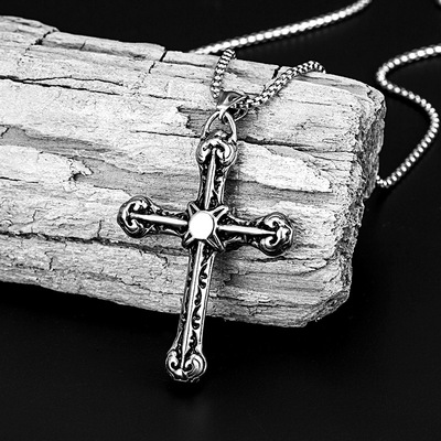 高街酷帅项链男款复古造旧大号双面十字架吊坠嘻哈项链潮人毛衣链