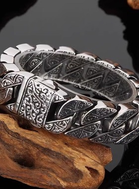 嘻哈男士手链男嘻哈潮酷复古做旧宽版古巴链男款图腾草纹手环饰品