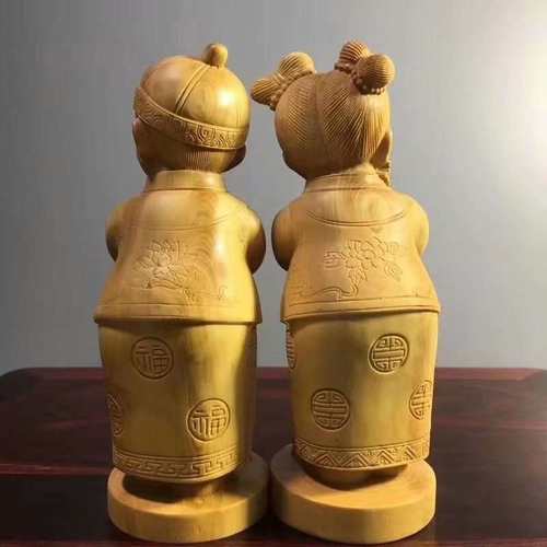 小叶黄杨木金童玉女木雕摆件 婚姻喜神礼品木质摆件工艺品