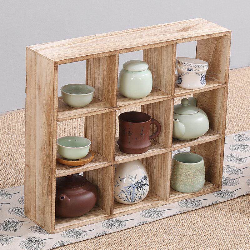 烧桐木实木茶杯架挂墙小博古架展示架茶具收纳柜多宝阁茶壶架零配