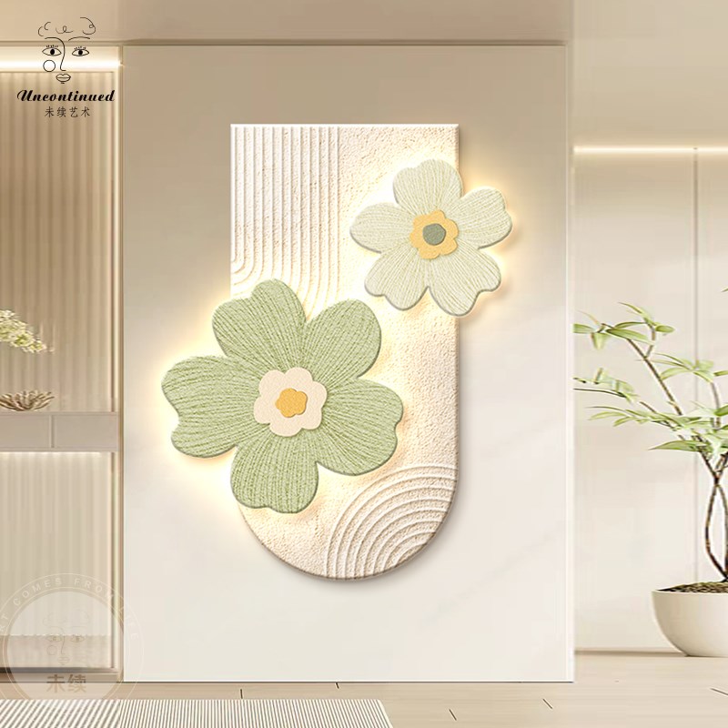 奶油风入户玄关装饰画3D立体花卉走廊过道壁画led灯砂岩客厅挂画图片