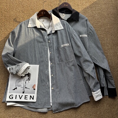 早秋纯棉衬衫慵懒条纹宽松