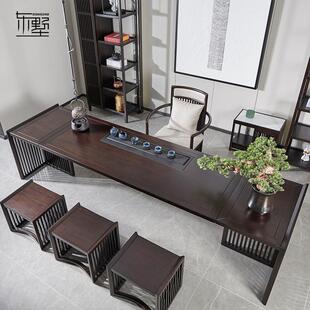 黑檀木功夫茶台茶椅组合高档办公家用一体实木长茶桌P6 东墅新中式