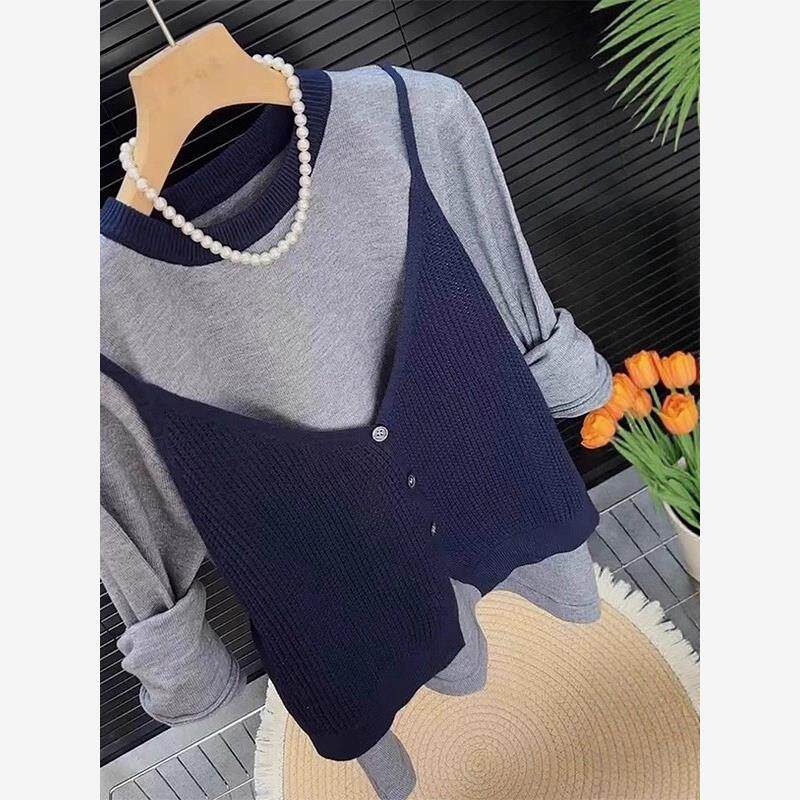 大码撞色拼接假两件长袖针织衫女早秋新款胖mm显瘦洋气减龄上衣潮