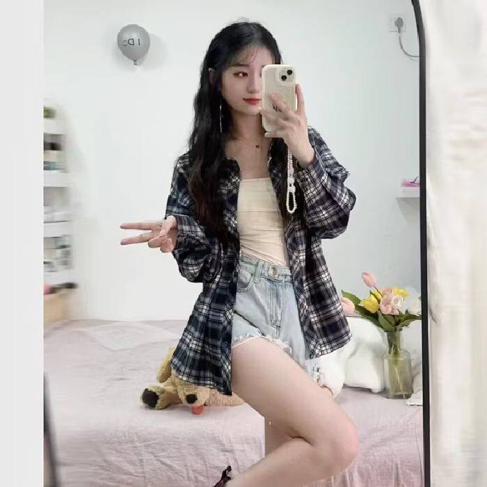 韩式覆古长袖格子衬衫外套女春秋季设计感小众宽松百搭翻领衬衣潮