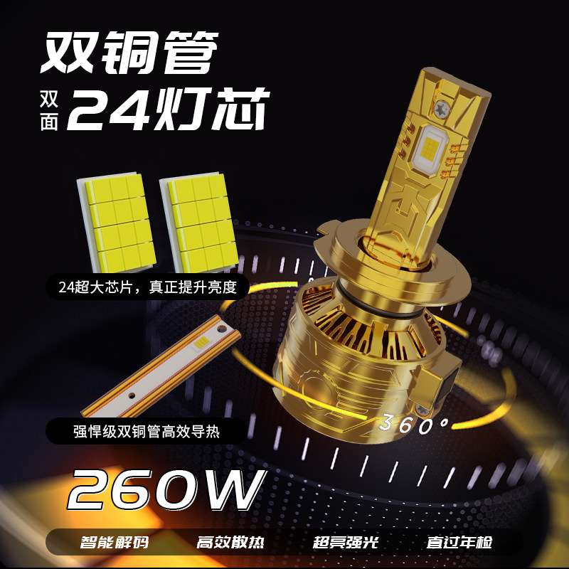 24芯双铜管汽车led大灯 240W大功率h11车灯远近光h7led灯9005灯泡