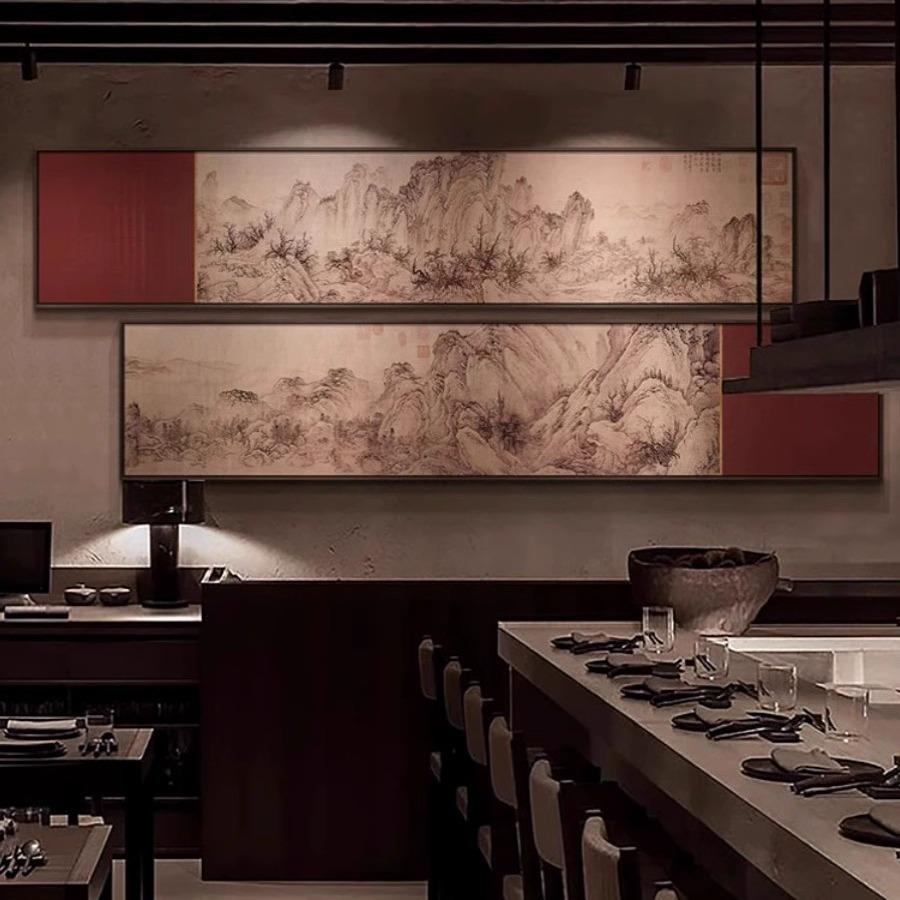 新中式客餐厅大气山水挂画酒店书房茶室走廊壁画横长条风景装饰画