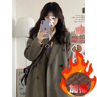 赫本风加厚毛呢大衣女夹棉秋冬季新款宽松韩系小个子中长呢子外套