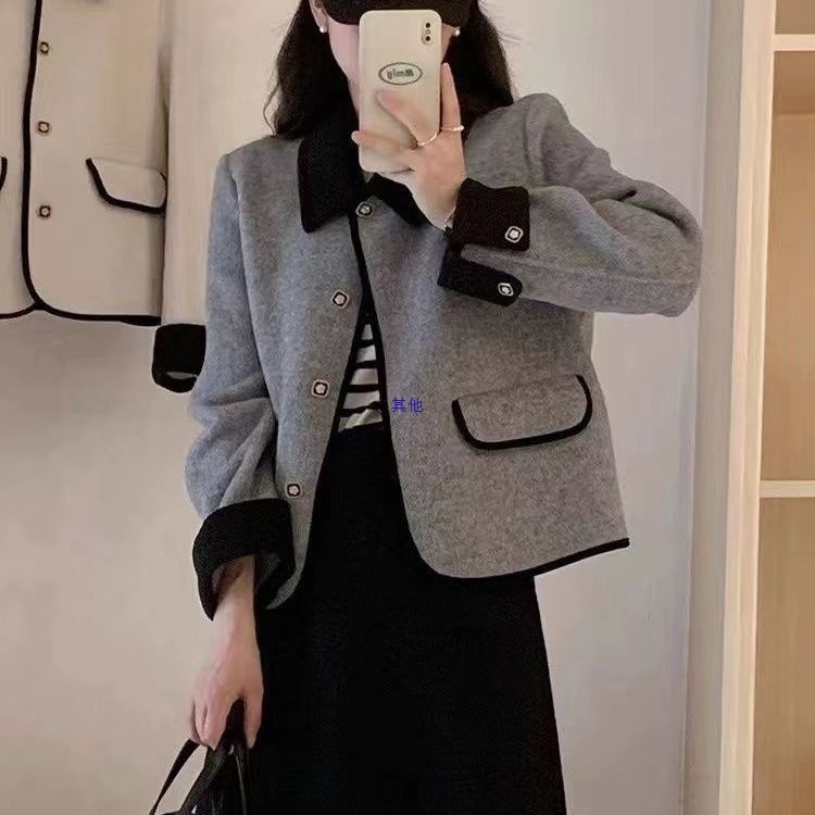 2025秋冬新款小香风双面仿羊毛大衣女短款撞色小个子毛呢外套