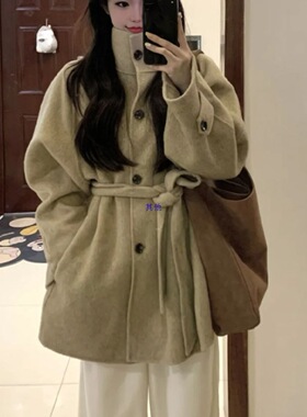 立领双面毛呢外套女秋冬新款超好看复古韩版加厚收腰气质呢子大衣