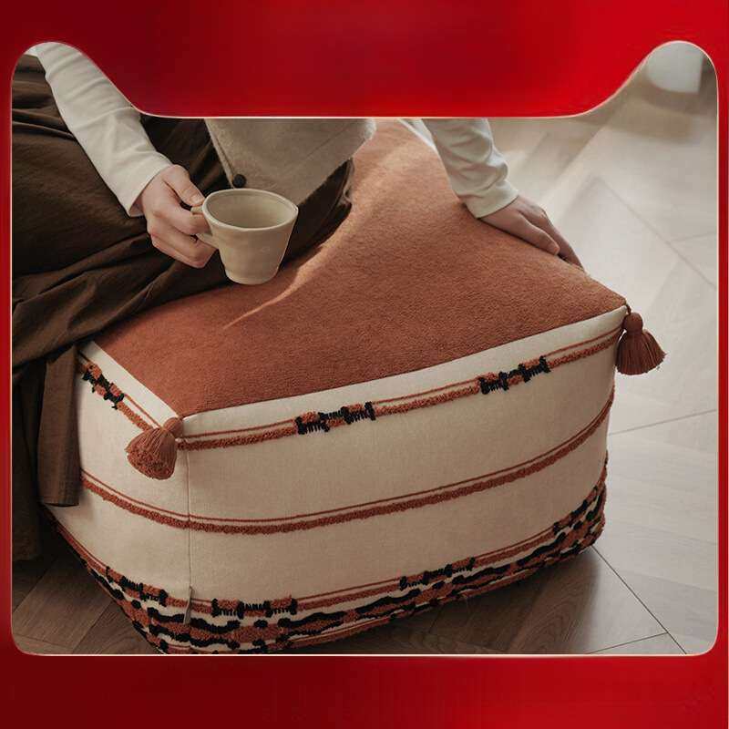 澜品『岁檀』橘红格子流苏可拆洗坐墩客厅墩子蒲团坐垫沙发垫凳子,住宅家具,懒人沙发,淘宝优惠券,粉丝福利购,淘宝优惠卷