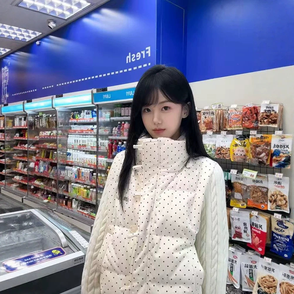 波点学院风休闲设计甜美棉袄棉衣小众感服百搭针织棉服拼接冬款