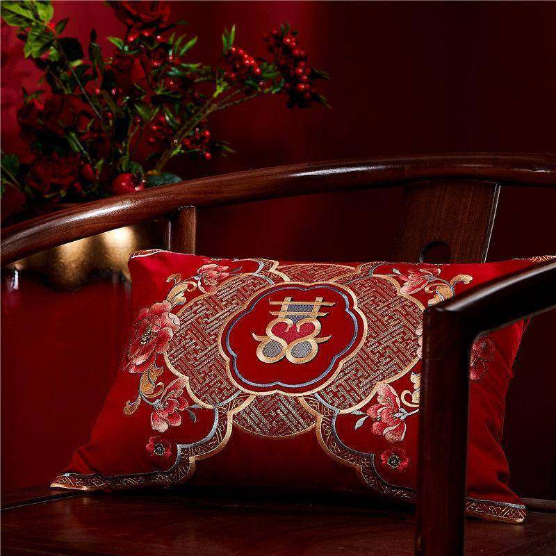 大红庆小抱枕纯棉孙刺绣结陪婚靠垫嫁BDK婚房婚床品配件送芯子枕