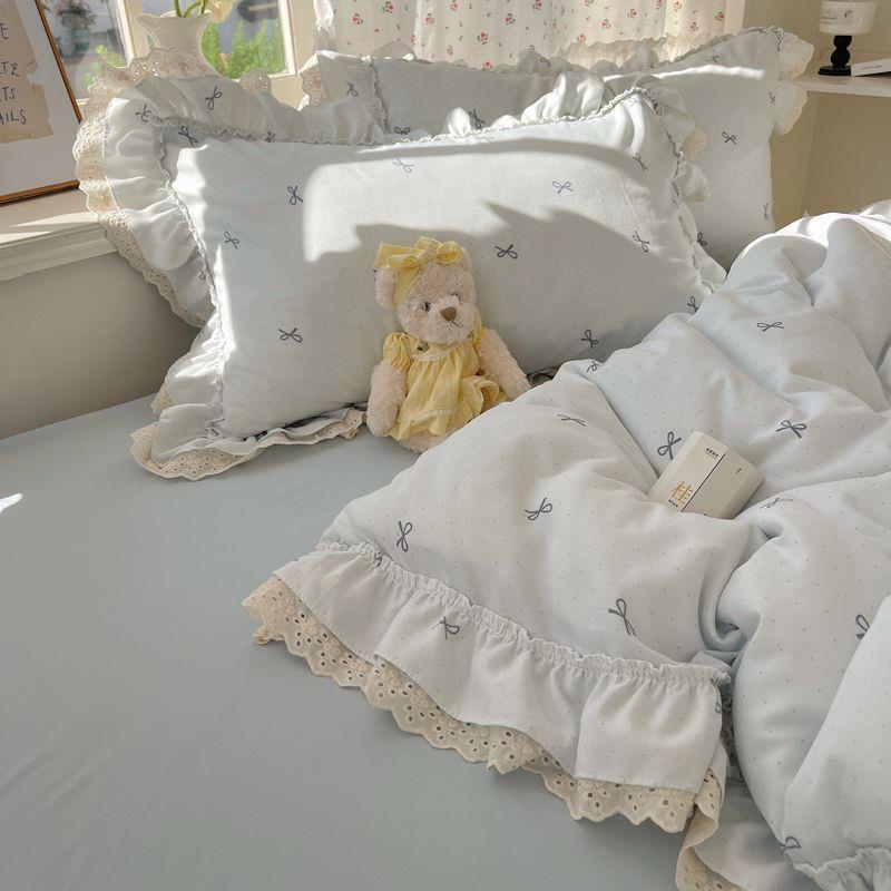 公主蝴蝶结蕾丝花边床三裙410四件套单风双层纱水洗棉床床笠被套