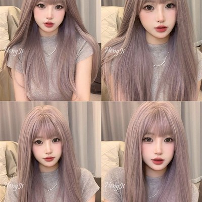 哼唧网红假发女长发韩式女团发型中分中长发紫灰色全头套彩色假发