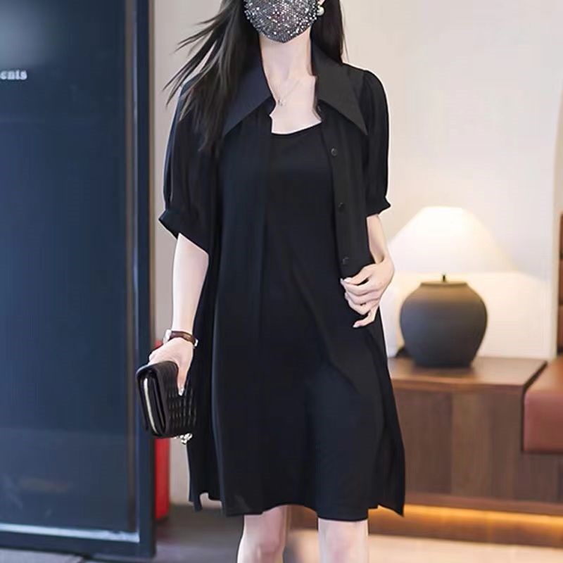 短袖黑色雪纺衬衫领连衣裙套装胖妹妹气质吊带裙两件套女2024夏季