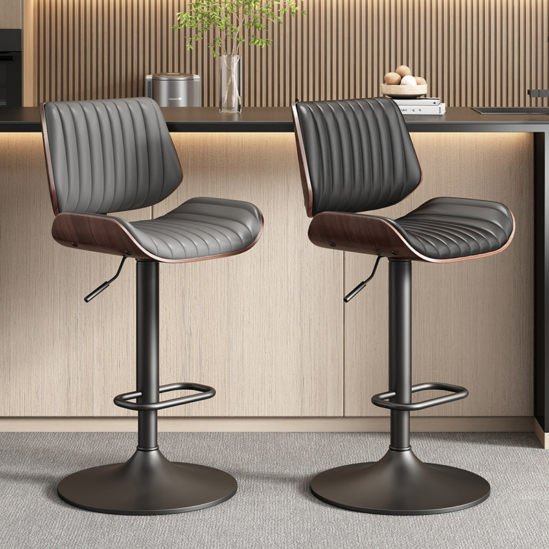 轻奢实木意式吧台椅家用升降高脚凳子前台岛台椅酒吧椅靠背真皮椅
