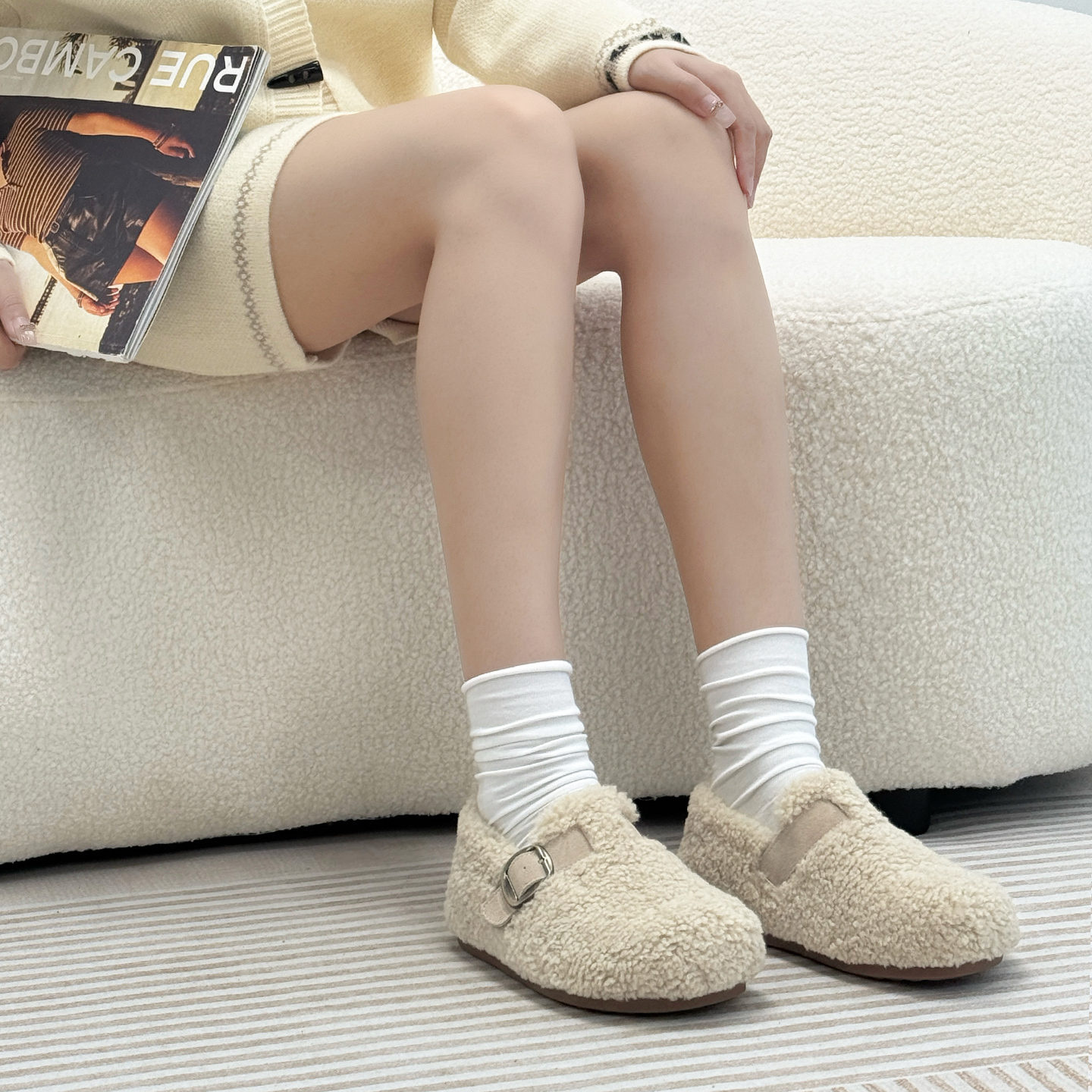 复古勃肯鞋女豆豆鞋加绒平底棉鞋