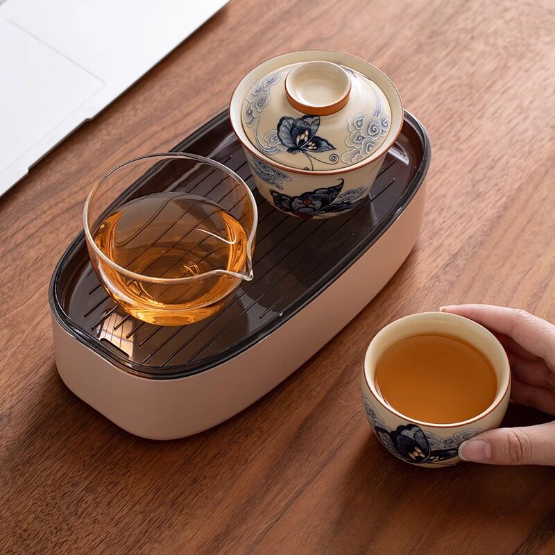 上班族工位茶具汝窑办公室喝茶小套装家用一壶一杯一人饮盖碗茶杯