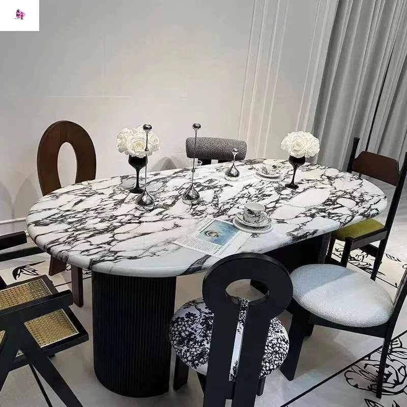 法式大理石餐桌组合复古椭圆小户型简约家用现代轻奢饭桌椭圆形