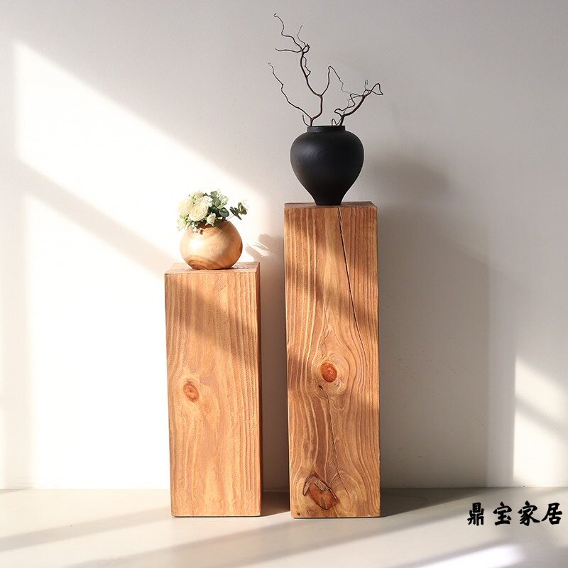 中古风实木方形摆件花架民宿复古木桩展示架客厅玄关落地原木底座