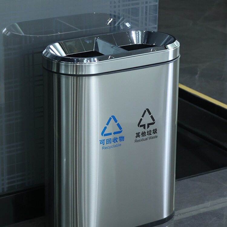 不锈钢分类垃圾桶电梯口商用大容量商用公共场合双通连体果皮箱无