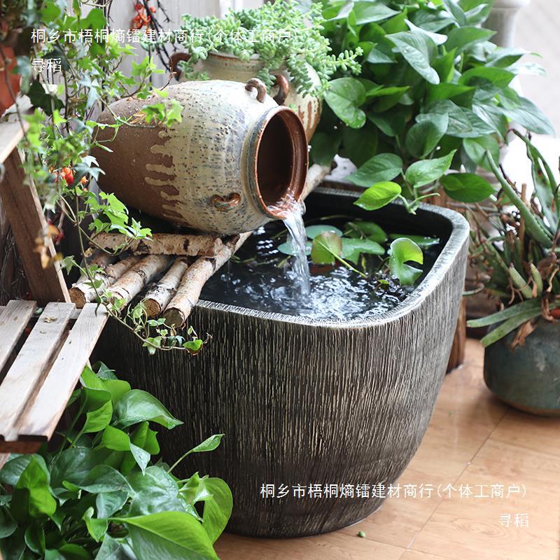 仿石鱼缸大号陶瓷鱼缸客厅落地摆件家用造景荷花缸方形养鱼盆粗陶