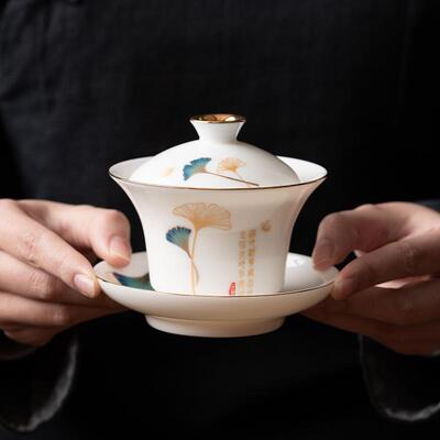 羊脂玉功夫三才盖碗单个家用大号壶承茶具配件不烫手描金泡茶器杯