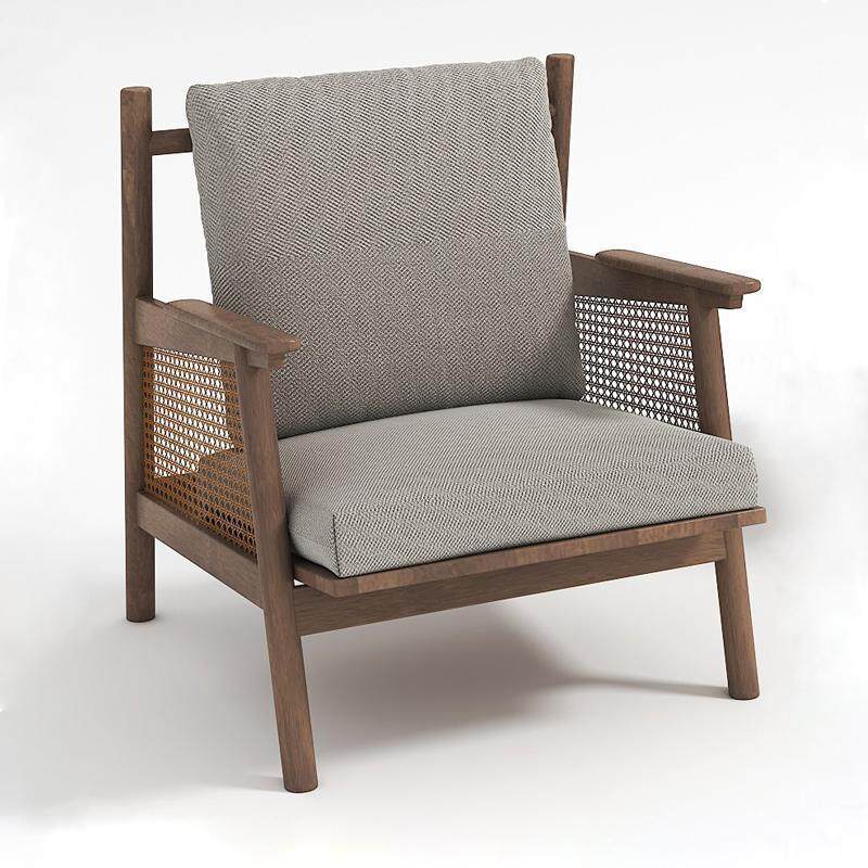 新中式单人休闲椅售楼部洽谈实木布艺沙发酒店大堂会客区单人围椅