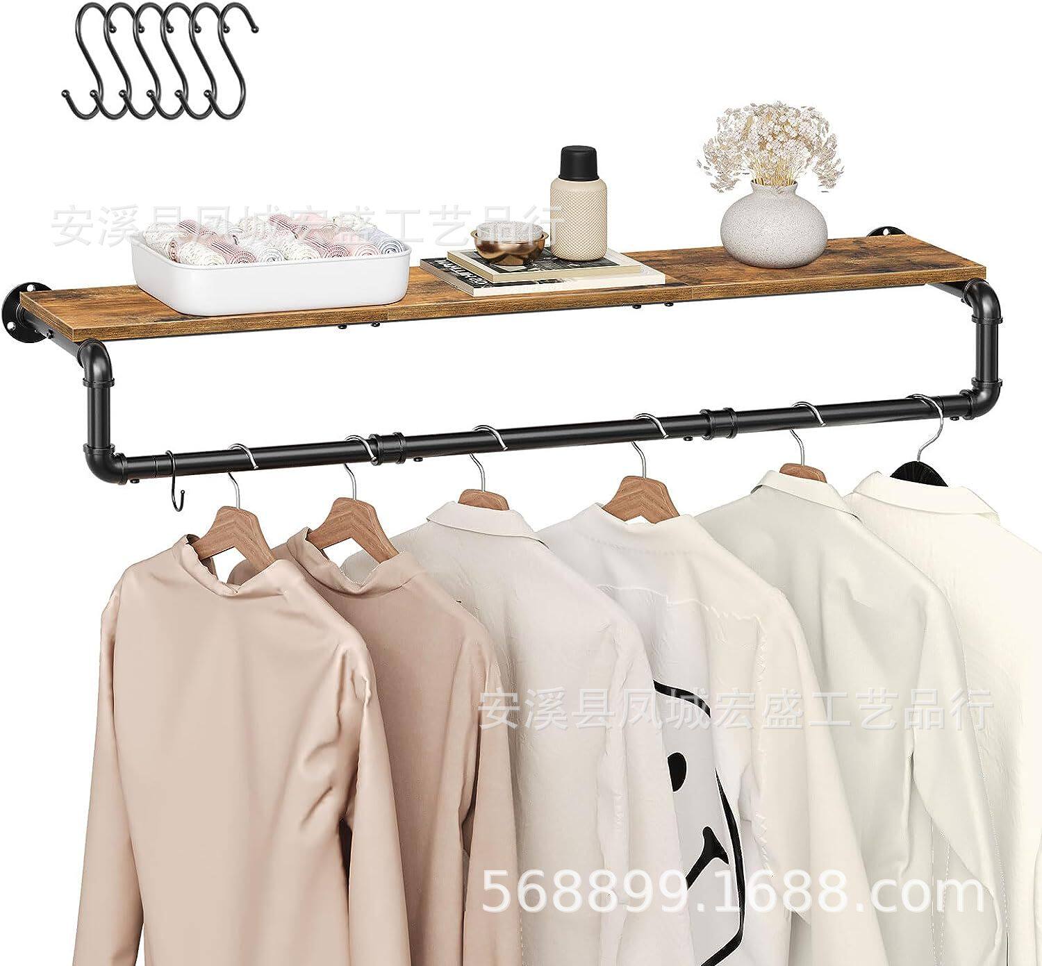 黑色单层服装店服装陈列架工业风壁挂式可置物衣架