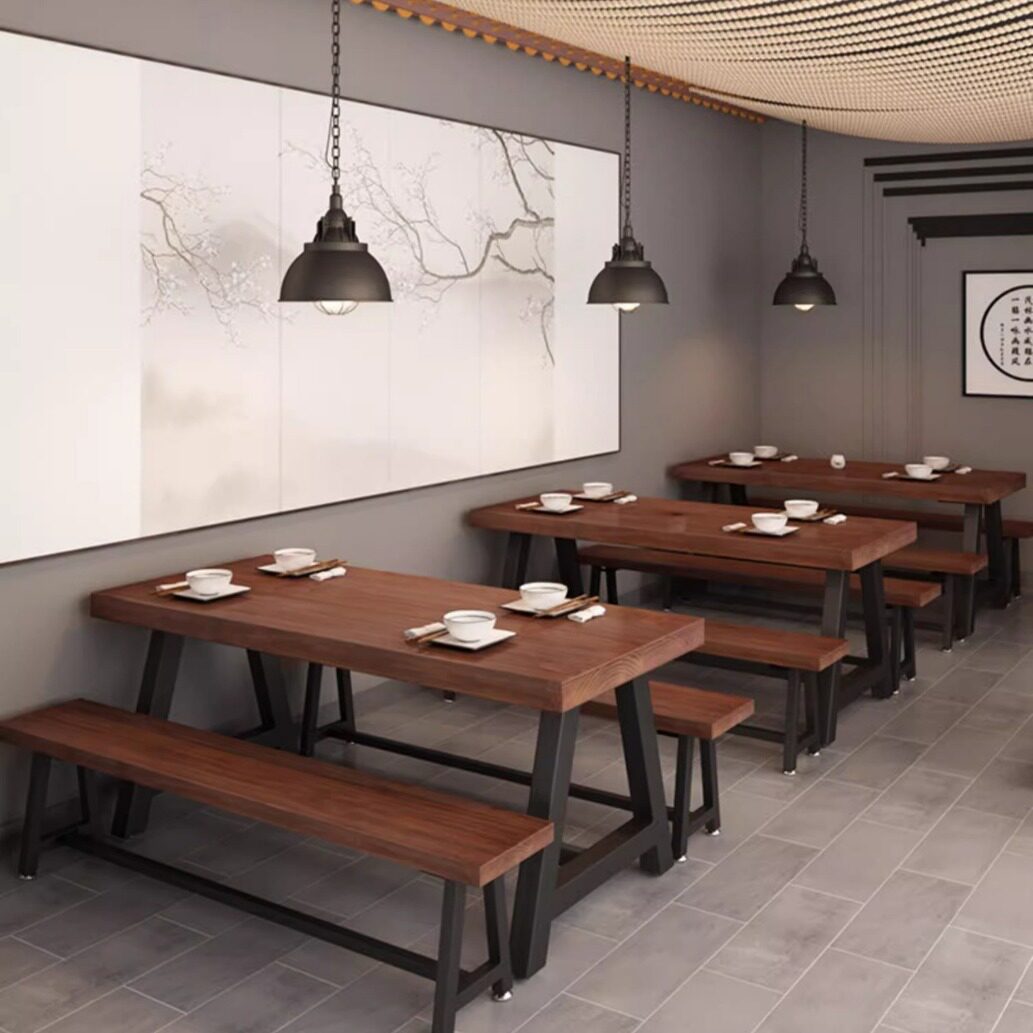 复古铁艺实木餐桌商用火锅工业风音乐餐厅饭店长方形桌椅组合套装