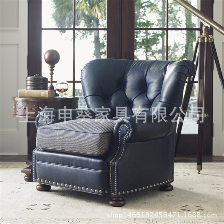 美式单人高背老虎椅进口酒店会所仿皮拉扣皮艺沙发休闲椅直销制作
