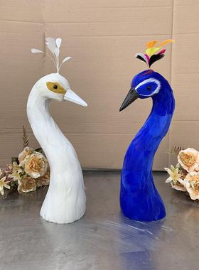 仿真孔雀头摆件羽毛孔雀头婚庆道具餐桌婚宴结婚家居壁挂装饰模型