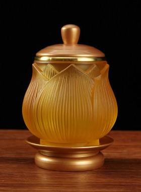 台湾古法琉璃供具套装家用佛前摆件纯铜五供一套莲花香炉长明灯