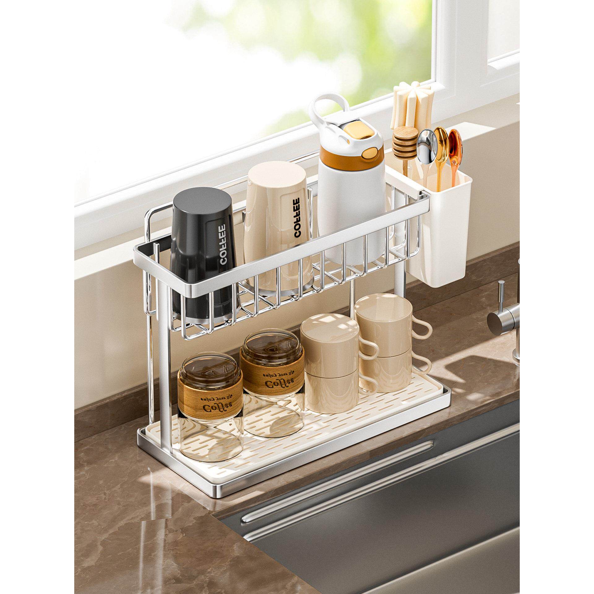 杯子收纳置物架双层茶杯架茶具收纳架沥水托盘家用桌面放水杯杯子