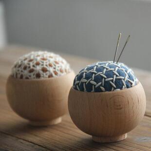 刺子绣针插扎材料包布小十字笼目紫阳花朵木碗diy手工作收纳包邮