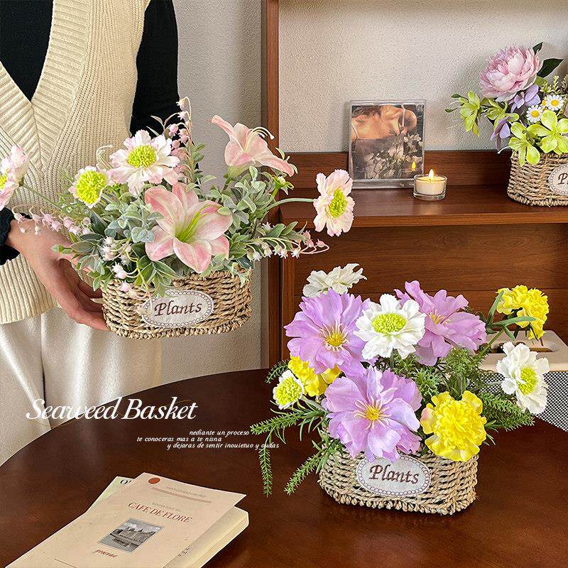 田园风玫瑰彷真花假花摆设客厅编织花篮摆件草编花盆插花装饰摆花
