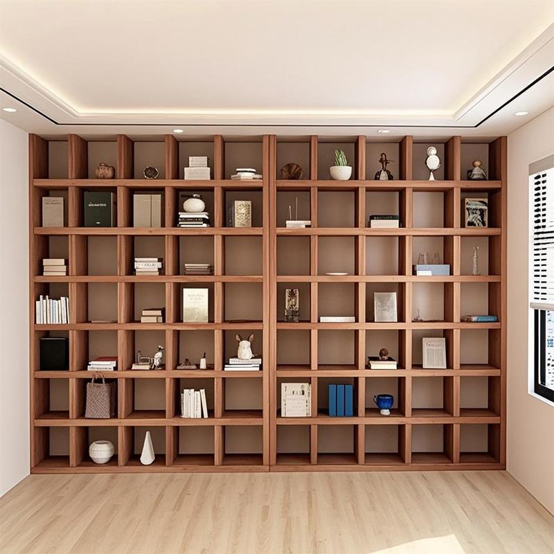 老榆木原木书架定制客厅整墙全实木落地格子架置物架中式满墙书柜