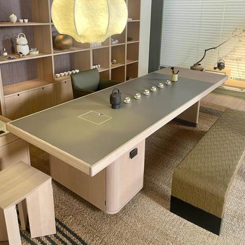 新中式实木茶桌岩板轻奢2025款设计师现代简约白蜡木茶台家用办公