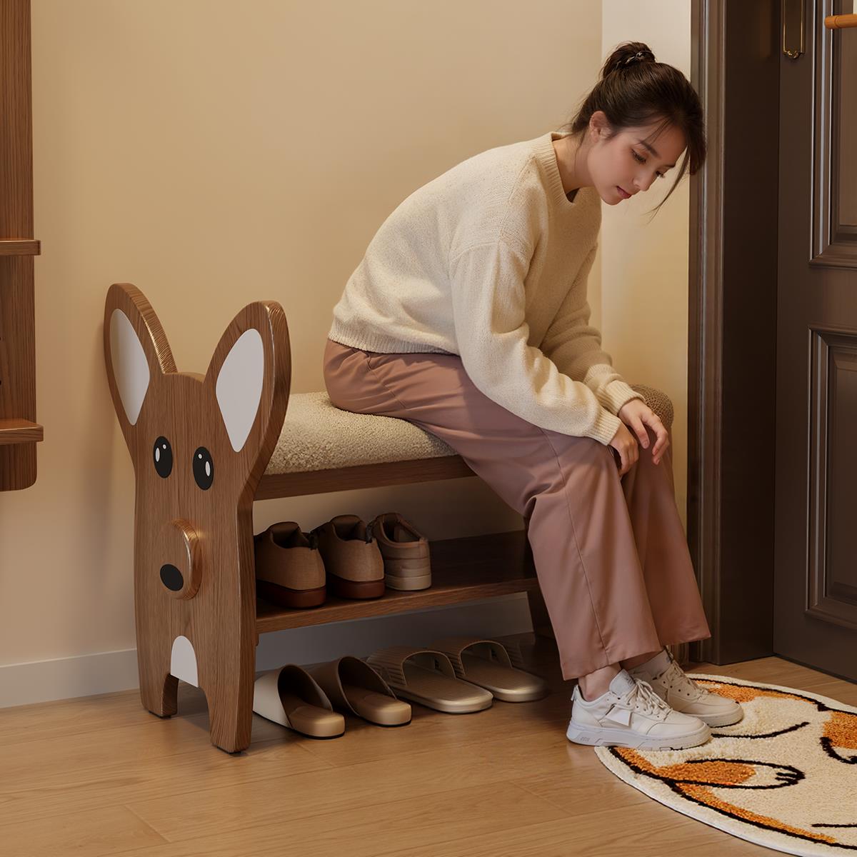 实木小狗换鞋凳入户门口家用鞋柜进门创意可爱穿鞋凳鞋架坐凳一体