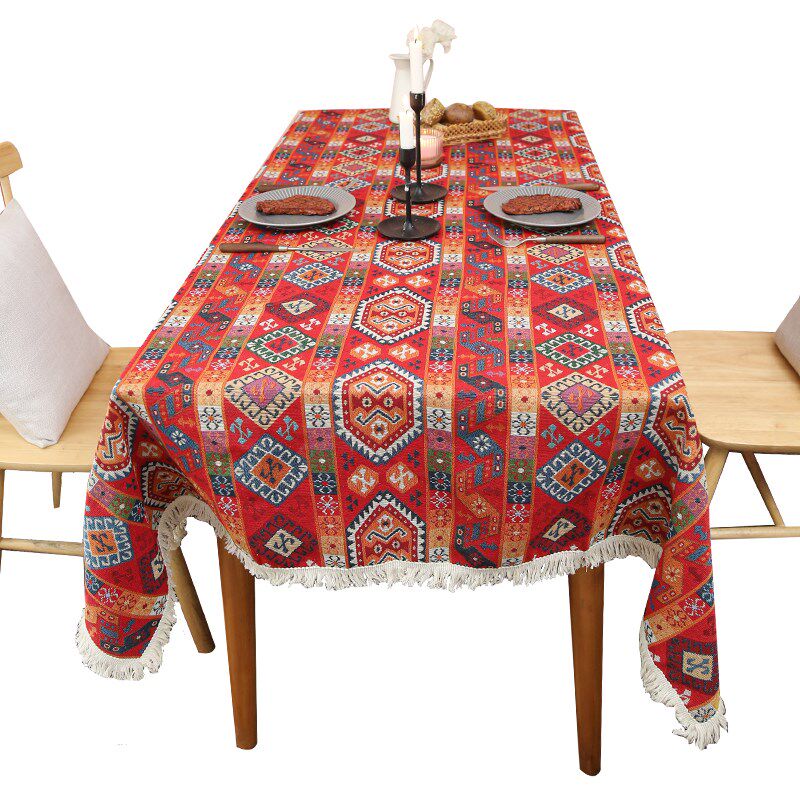 波西米亚a名族风红色加厚提花流苏桌布圣诞节日餐桌茶几盖布多用