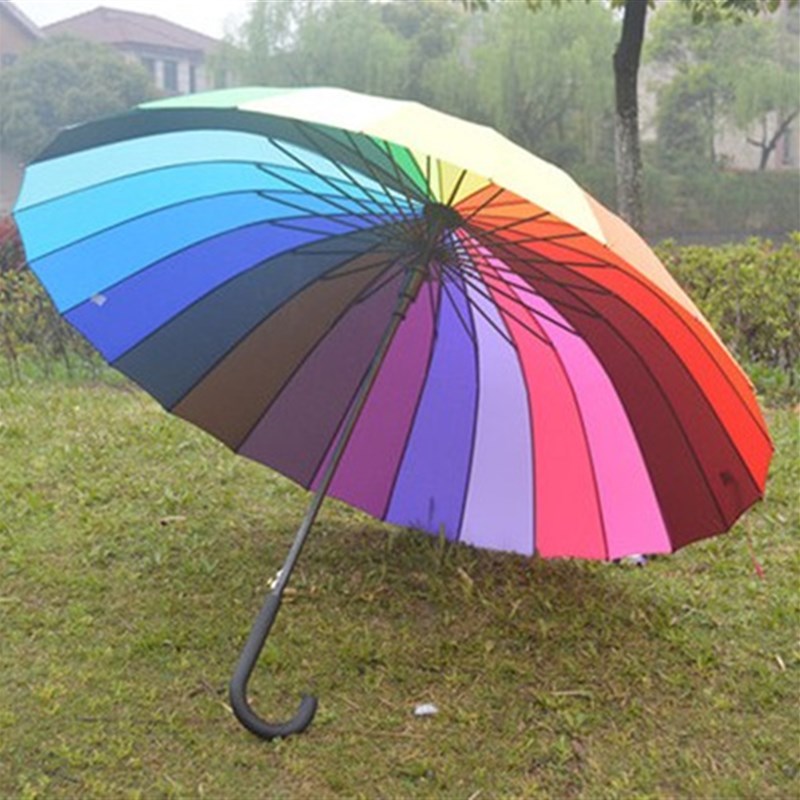24骨自动超大弯钩彩虹伞免持16股晴雨伞抗风L双人长柄伞定logo印