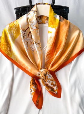 黄色油画小丝巾女大l方巾春秋冬季纱巾薄围巾中年妈妈正方形90x90