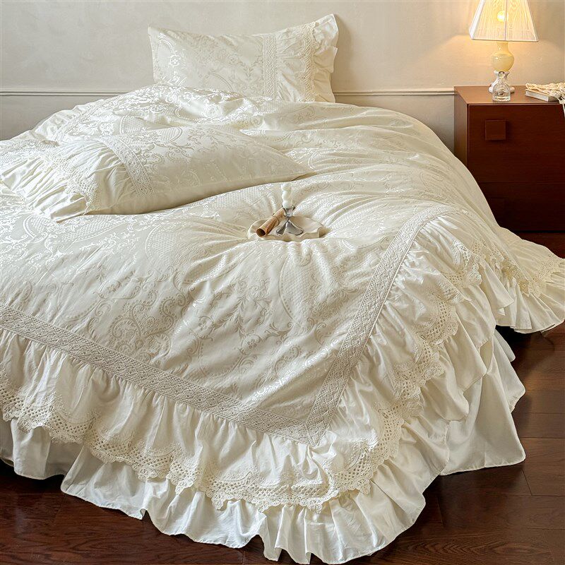 法式奶油风提花全棉贡缎四件套蕾丝边纯I棉被套公主风轻奢高级床