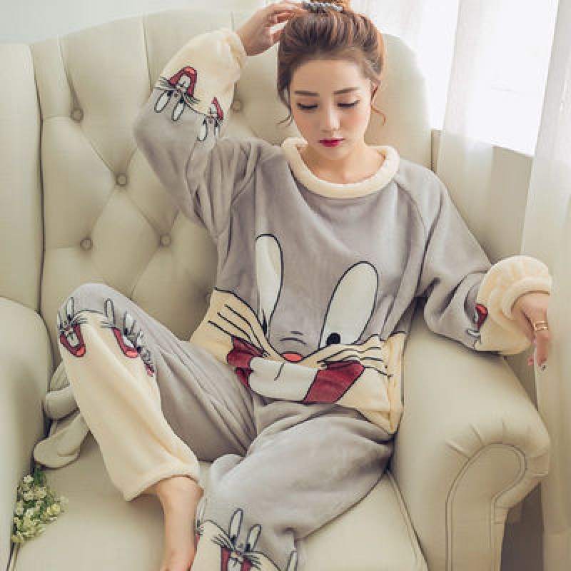 珊瑚绒睡衣女秋冬季套头保暖法兰绒冬天加绒加厚可U外穿家居服套