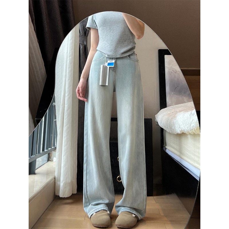 浅蓝色直筒牛仔裤女夏季薄款胖妹妹mm高腰宽松显瘦肌理感阔腿长裤