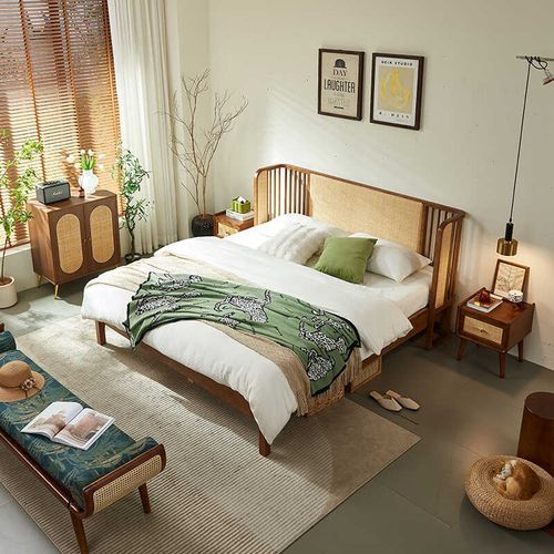 复古风实木藤编双人床侘寂风白蜡木1.8米大床民宿酒店卧室藤家具