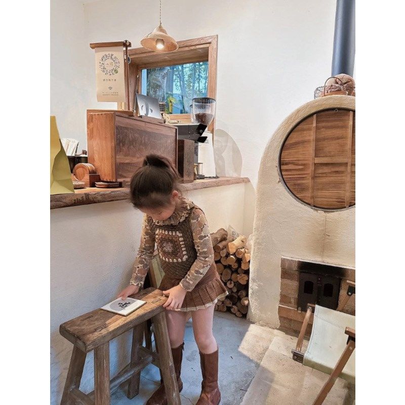 Miya MP全羊毛手织钩针背心女童秋冬复古棕色针织马甲裤裙套装