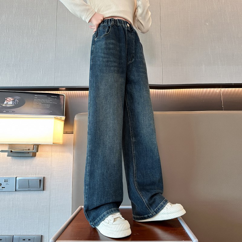 女童加绒裤子秋冬2024新款冬装女孩冬季加厚窄版阔腿裤儿童牛仔裤